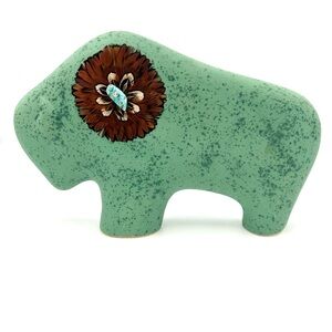 Handcrafted Ceramic Buffalo Figurine w/ Real Feathers & Turquoise Stone Pottery